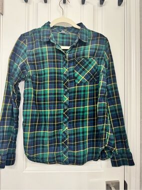 Eddie Bauer Green, Blue & Yellow Plaid Long-Sleeve Button-Down Shirt